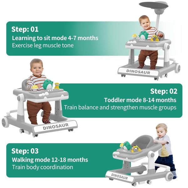Dino 5-in-1 Multifunctional Baby Walker – Stroller, Jumper, Activity & Adjustable Speed Walker with Sun Shade