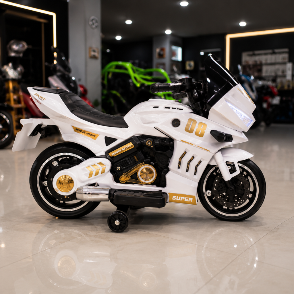 Super Sports Kids Electric Ride On Motorcycle 12V Rechargeable Bike with LED Lights – White thumbnail 3