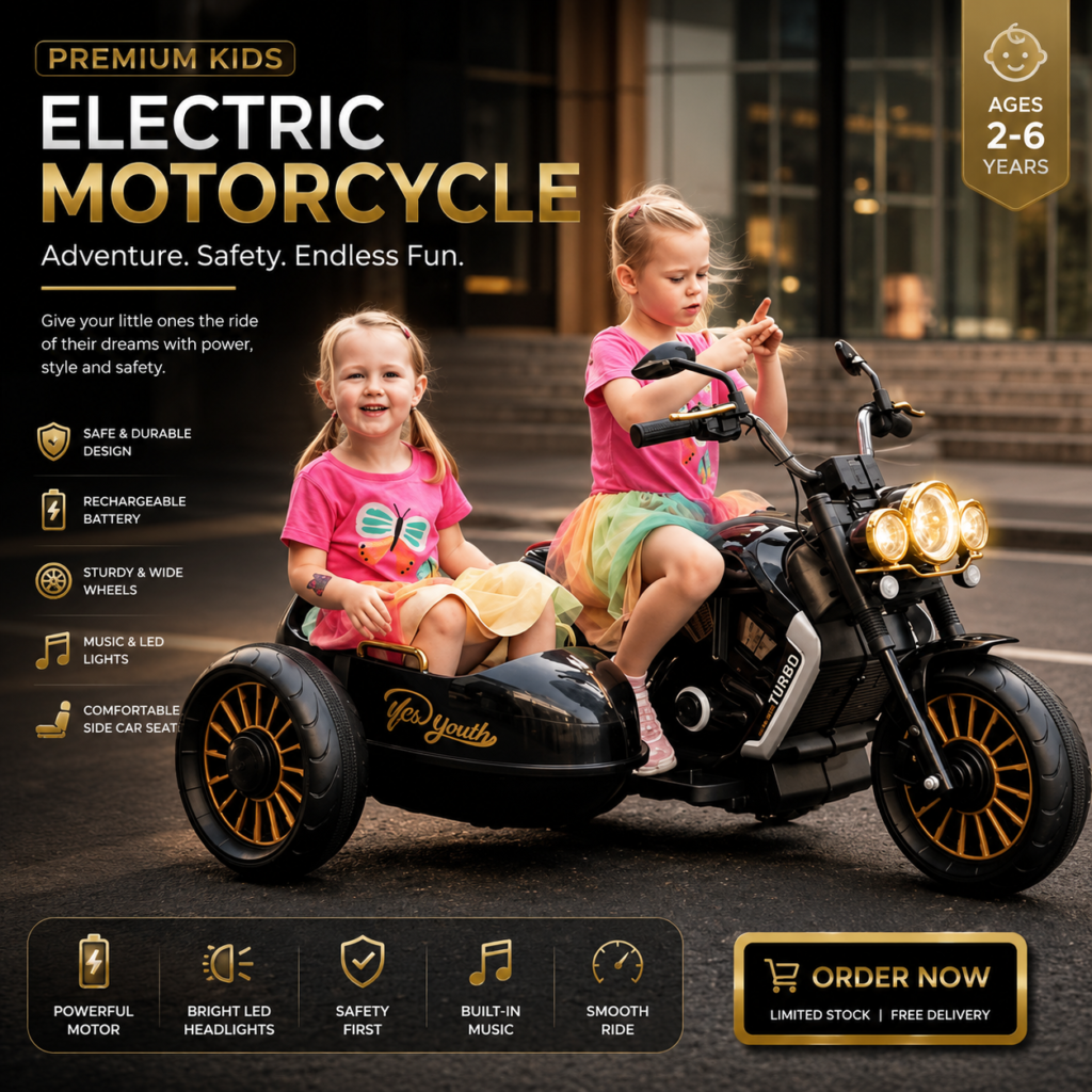 Munna Bhai Kids Electric Ride On Bike with Sidecar 12V Rechargeable Motorcycle – Black