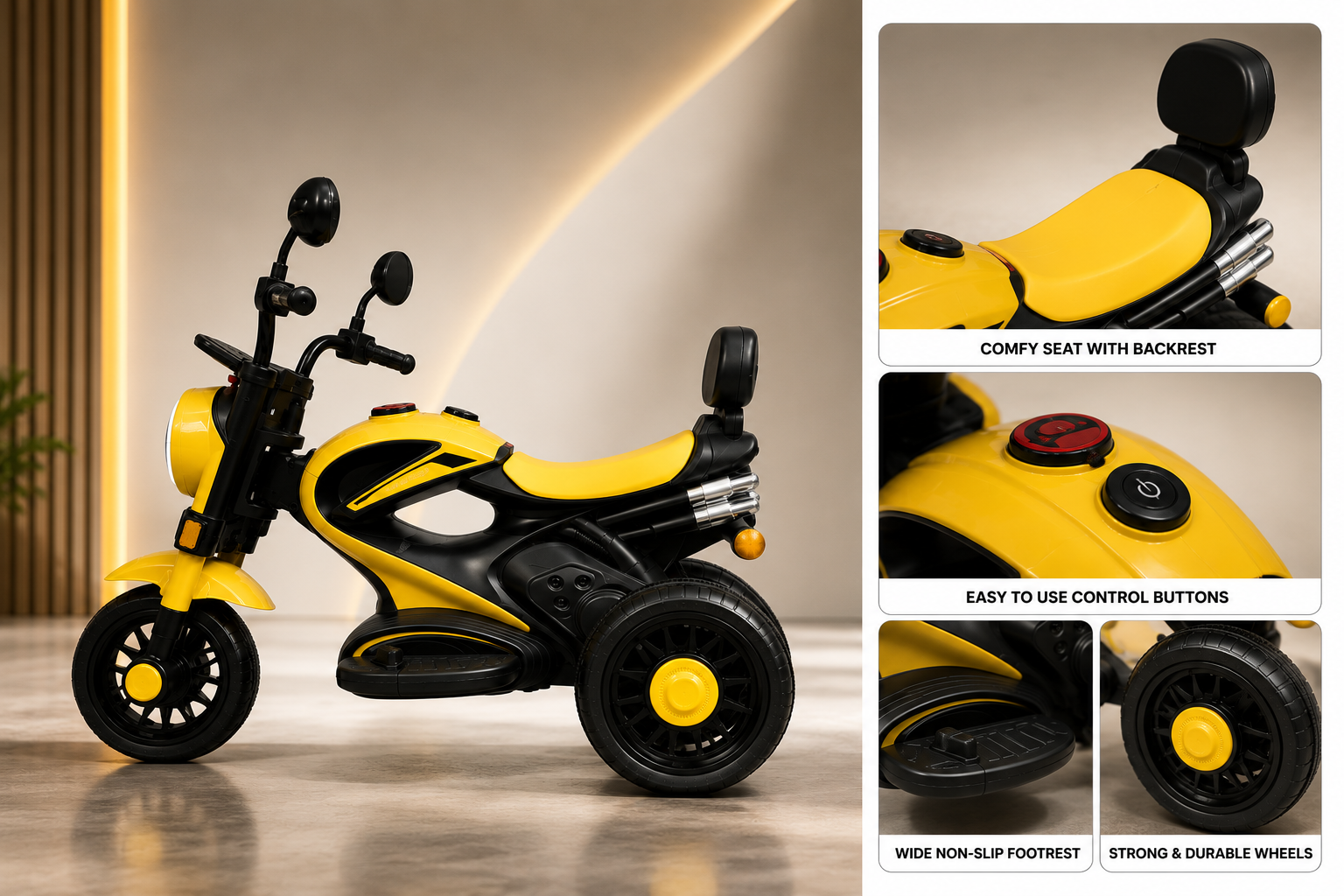Cruiser Kids Electric Ride On Motorcycle 6V Rechargeable Trike with LED Headlight – Yellow