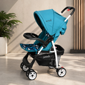 Joyous Baby Stroller with Adjustable Canopy, Safety Harness, Front Tray, Storage Basket & Smooth Wheels – Teal Blue