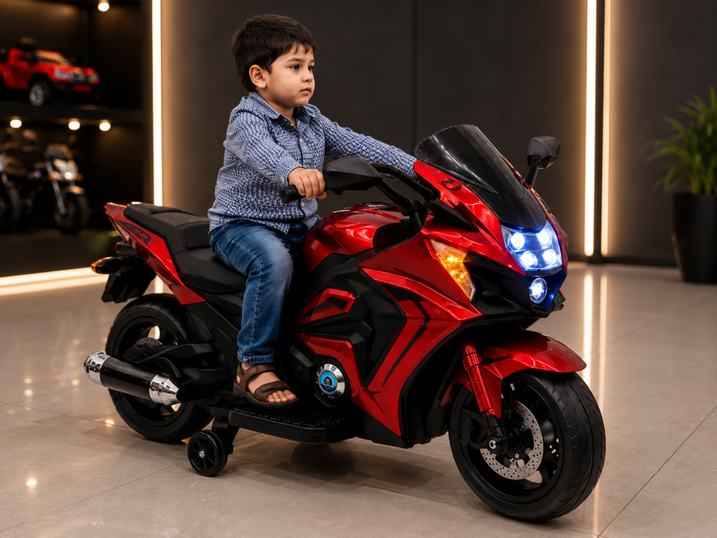 Hayabusa Style 12V Kids Electric Ride On Sports Motorcycle with LED Lights, Training Wheels & Rechargeable Battery – Red