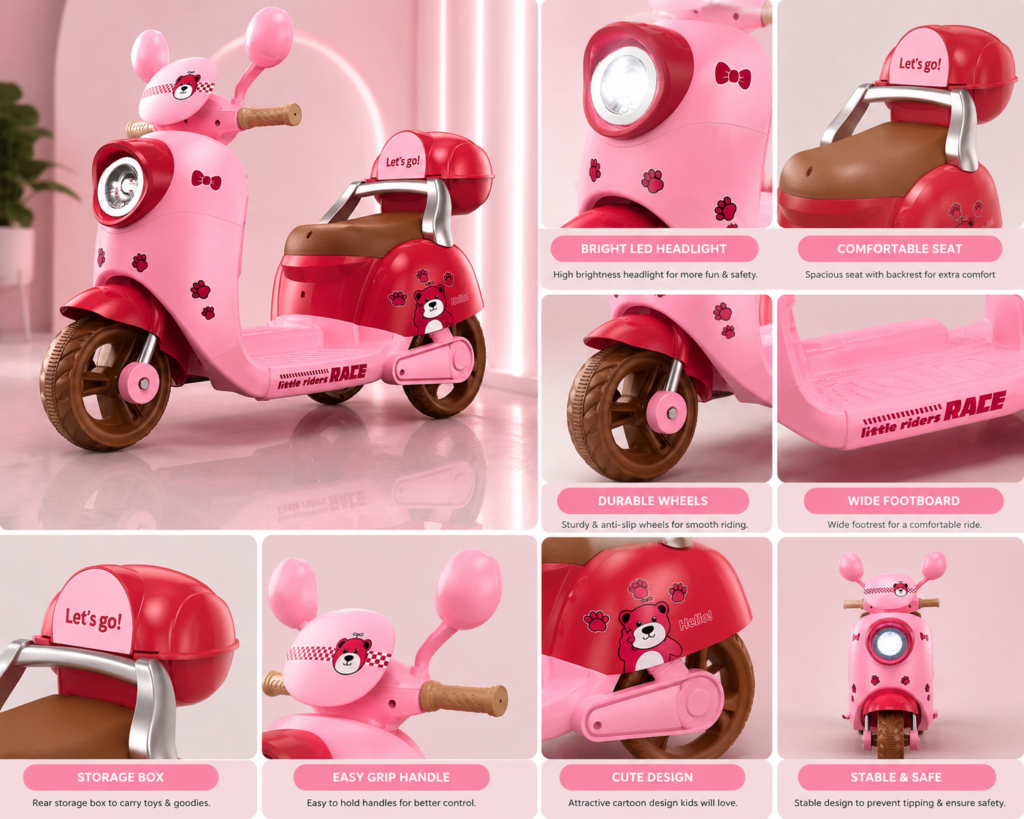 Kitty Vespa Kids Electric Ride-On Scooter 6V Rechargeable – Pink Kids Ride-On Motorcycle with LED Headlight thumbnail 2