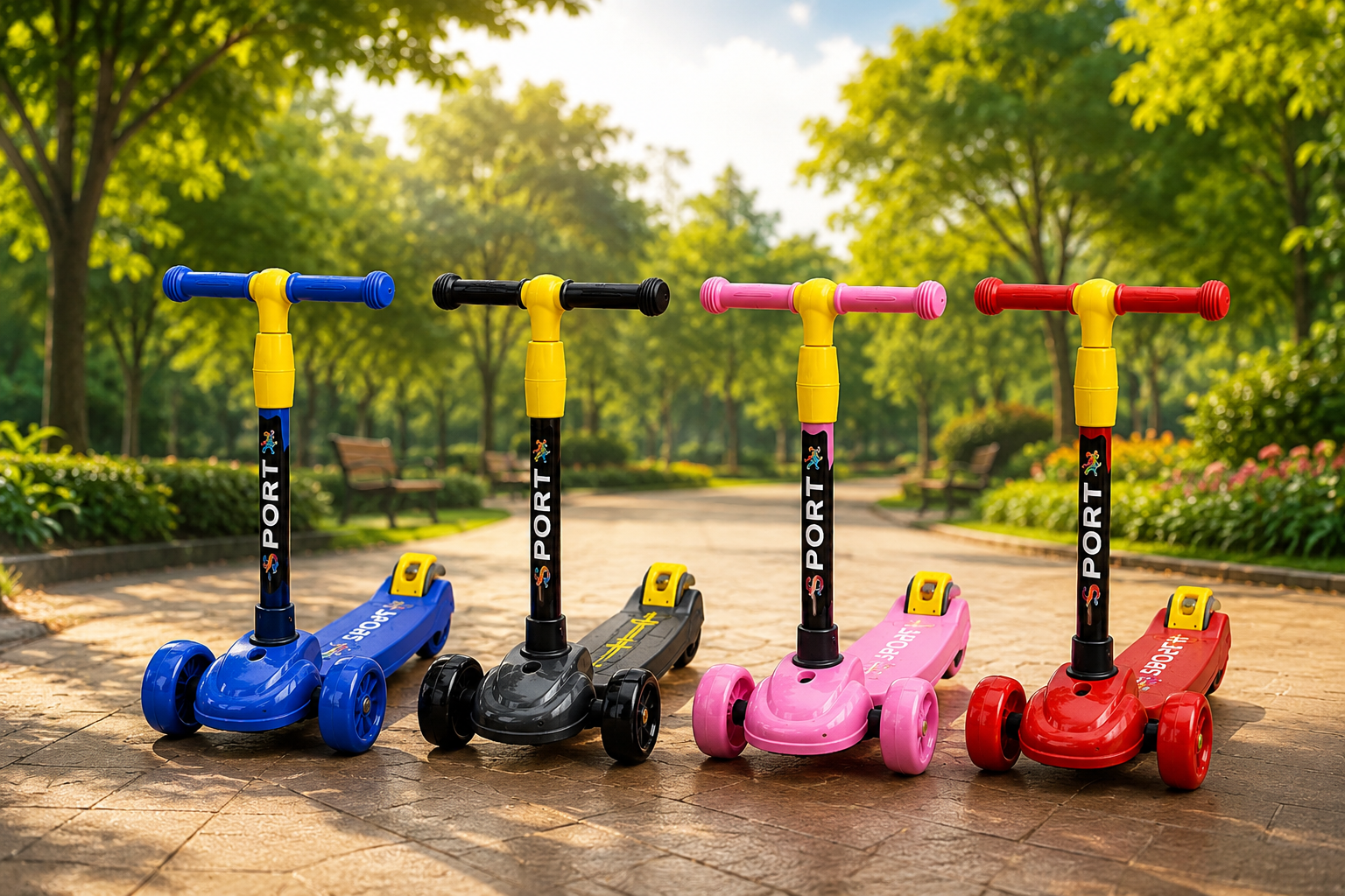 Kids 4-Wheel Sport Scooter with LED Wheels | Adjustable Height | Premium Kick Scooter for Boys & Girls (Blue, Black, Pink & Red)