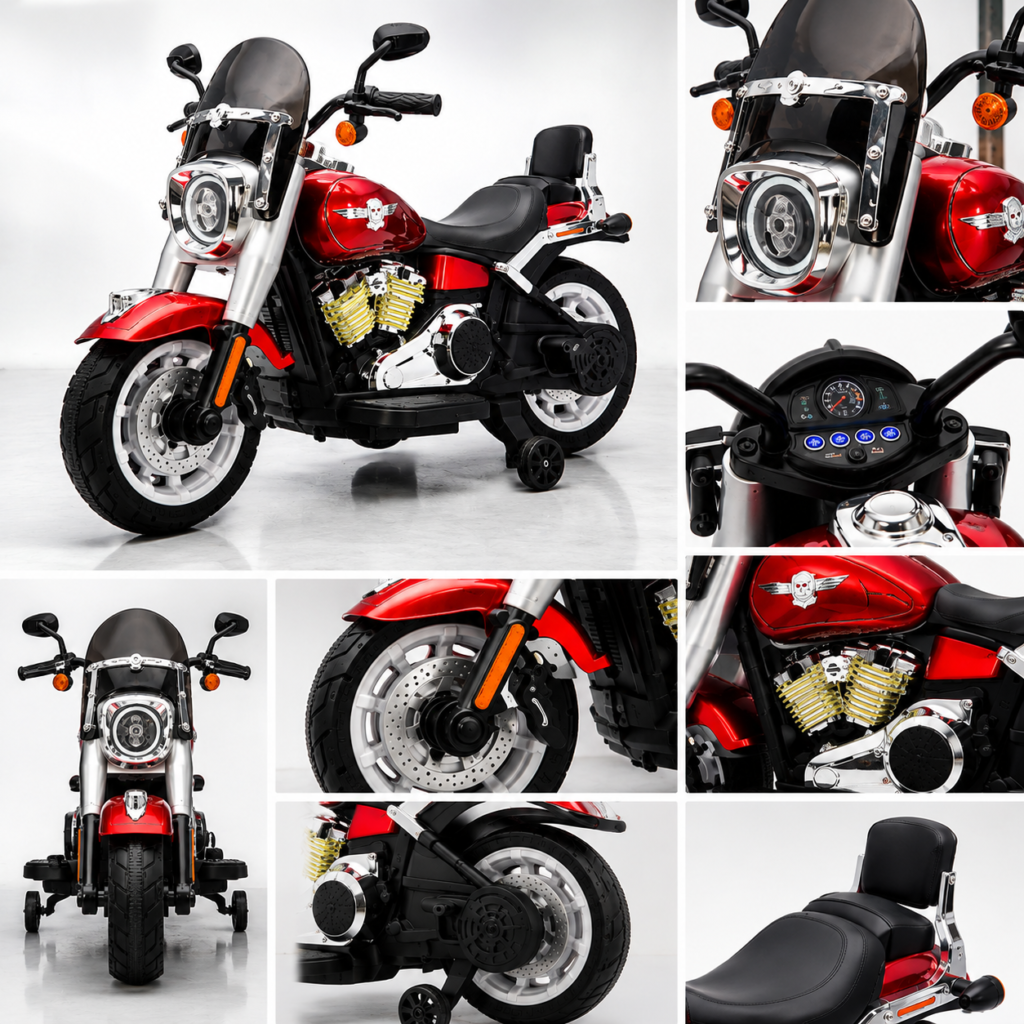 Harley Style Kids Electric Ride-On Motorcycle 12V Rechargeable – Red Kids Electric Bike with LED Lights thumbnail 3