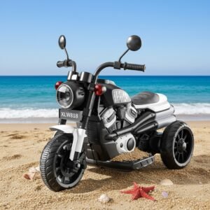 Bullet Style Kids Electric Ride On Motorcycle 6V Rechargeable Trike with LED Headlight – Black & White