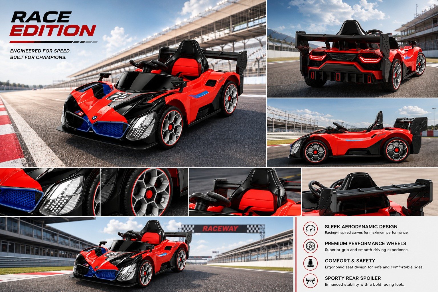 12V Kids Electric Ride-On Sports Car with Remote Control, LED Lights, Music, USB & Rechargeable Battery – Luxury Racing Car for Boys & Girls