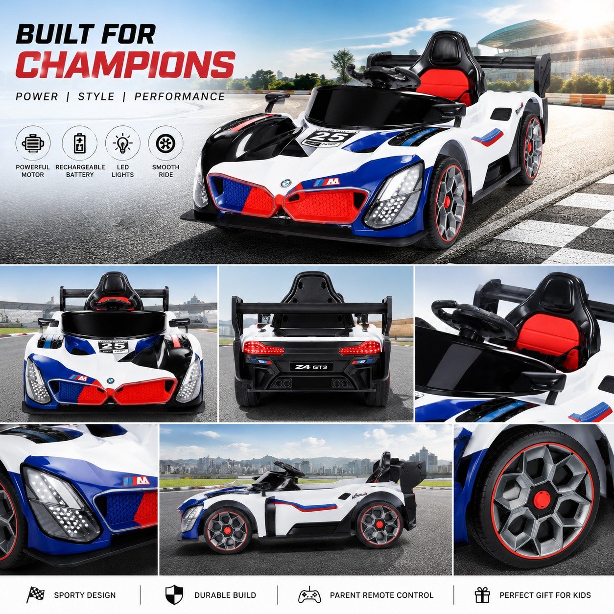 12V Kids Electric Ride-On Sports Car with Remote Control, LED Lights, Music, USB & Rechargeable Battery – Luxury Racing Car for Boys & Girls