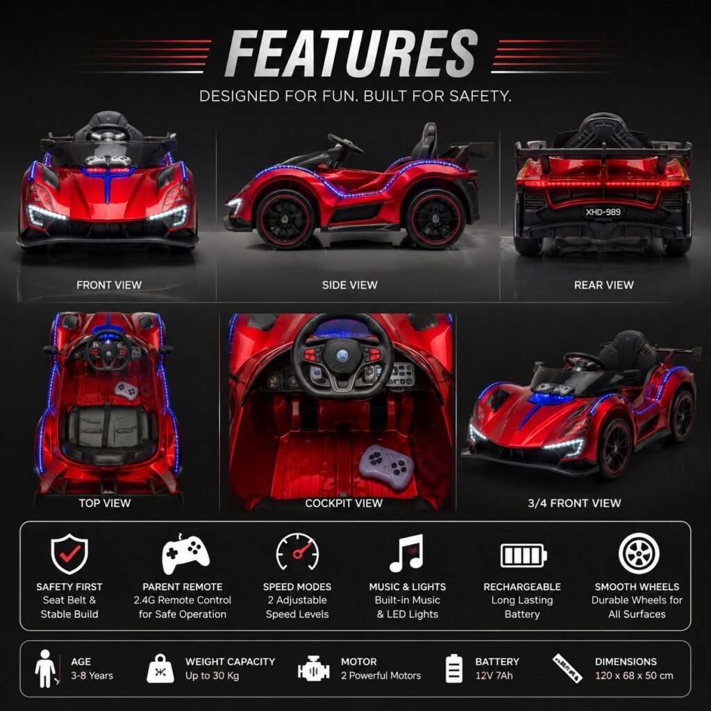 Ferrari Style 12V Kids Electric Ride-On Sports Car – Battery Powered with LED Lights, Music & Remote Control – Red thumbnail 4