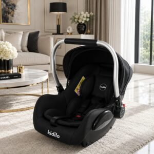 Kidilo Premium Infant Car Seat & Baby Carry Cot with Adjustable Canopy, 3-Point Safety Harness and Aluminium Carry Handle – Black