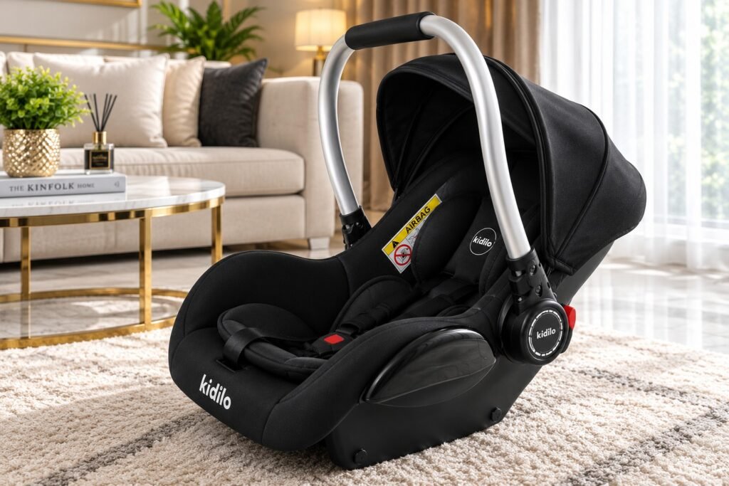 Kidilo Premium Infant Car Seat & Baby Carry Cot with Adjustable Canopy, 3-Point Safety Harness and Aluminium Carry Handle – Black thumbnail 4