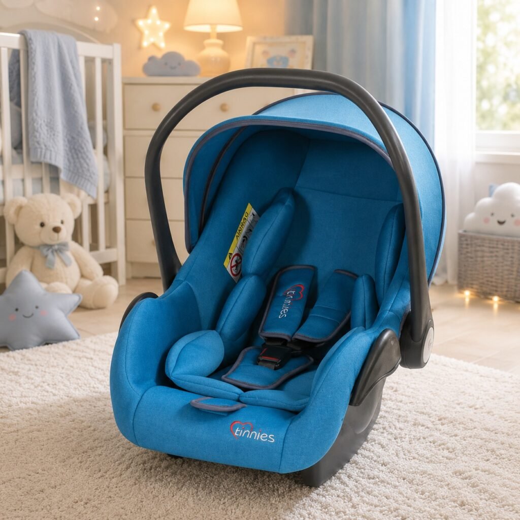 Tinnies Premium Baby Carry Cot & Infant Car Seat with Adjustable Canopy, Padded Safety Harness and Carry Handle – Blue