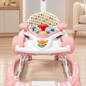 Baby Walker with Push Handle, Musical Activity Tray, Padded Seat & Smooth Wheels – Pink & White