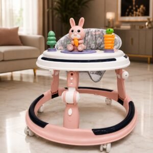 Baby Walker with Adjustable Height, Padded Seat & Interactive Toy Tray – Pink