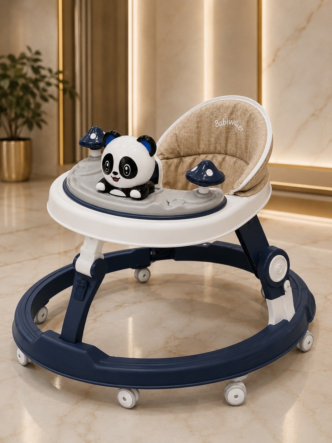 Baby Walker with Adjustable Height, Musical Toy Tray & 360° Wheels – Panda Design Baby Walker for Boys & Girls