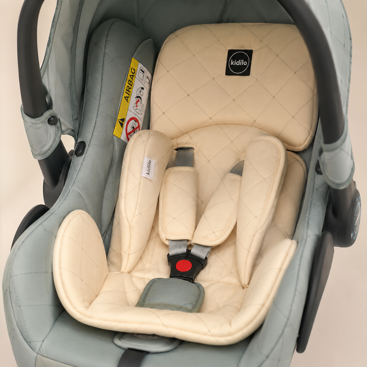 Kidilo Premium Baby Carry Cot & Infant Car Seat with Soft Quilted Cushion, Safety Harness and Adjustable Canopy – Grey & Cream