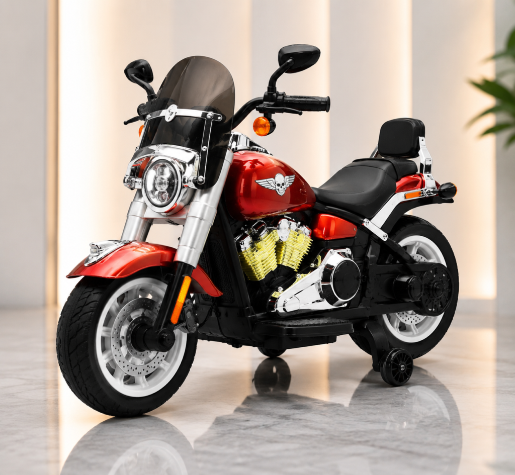 Harley Style Kids Electric Ride-On Motorcycle 12V Rechargeable – Red Kids Electric Bike with LED Lights