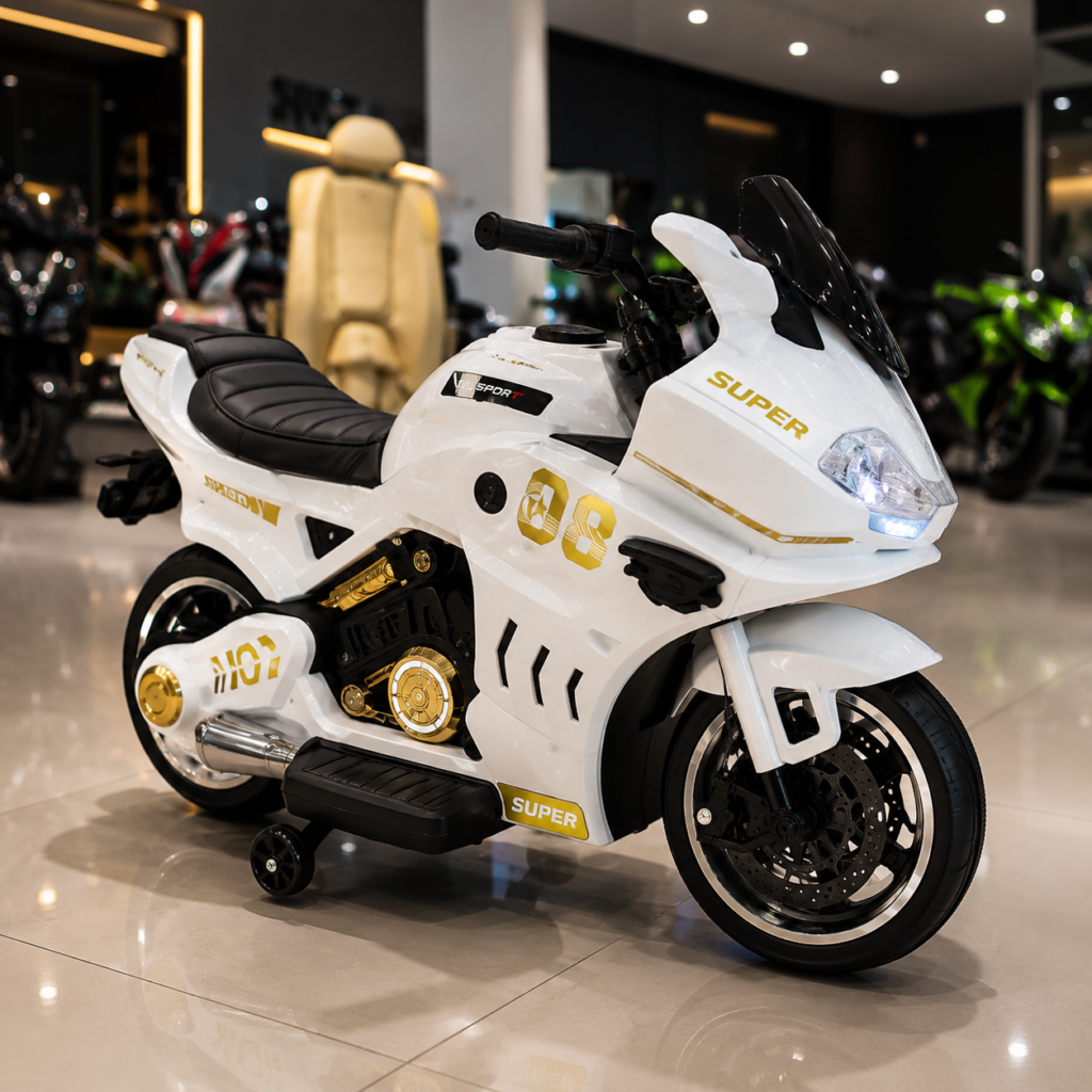 Super Sports Kids Electric Ride On Motorcycle 12V Rechargeable Bike with LED Lights – White