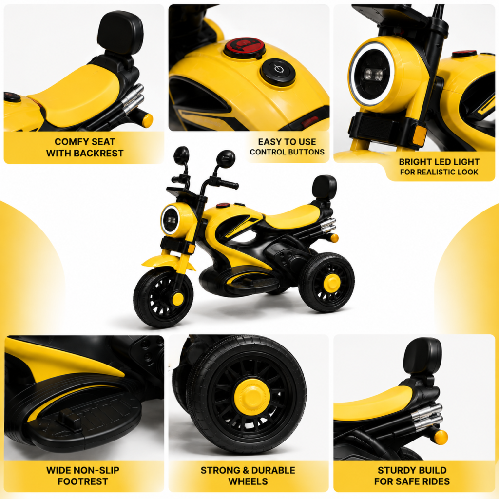 Cruiser Kids Electric Ride-On Motorcycle 6V Rechargeable Trike – Yellow Kids Ride-On Bike with LED Headlight thumbnail 3