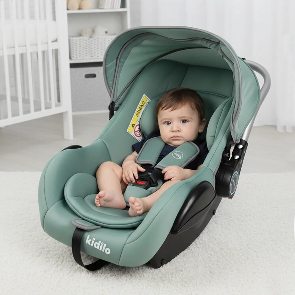 Kidilo Baby Carry Cot & Infant Car Seat with Full-Cover Canopy, Padded Safety Harness and Aluminium Carry Handle – Mint Green