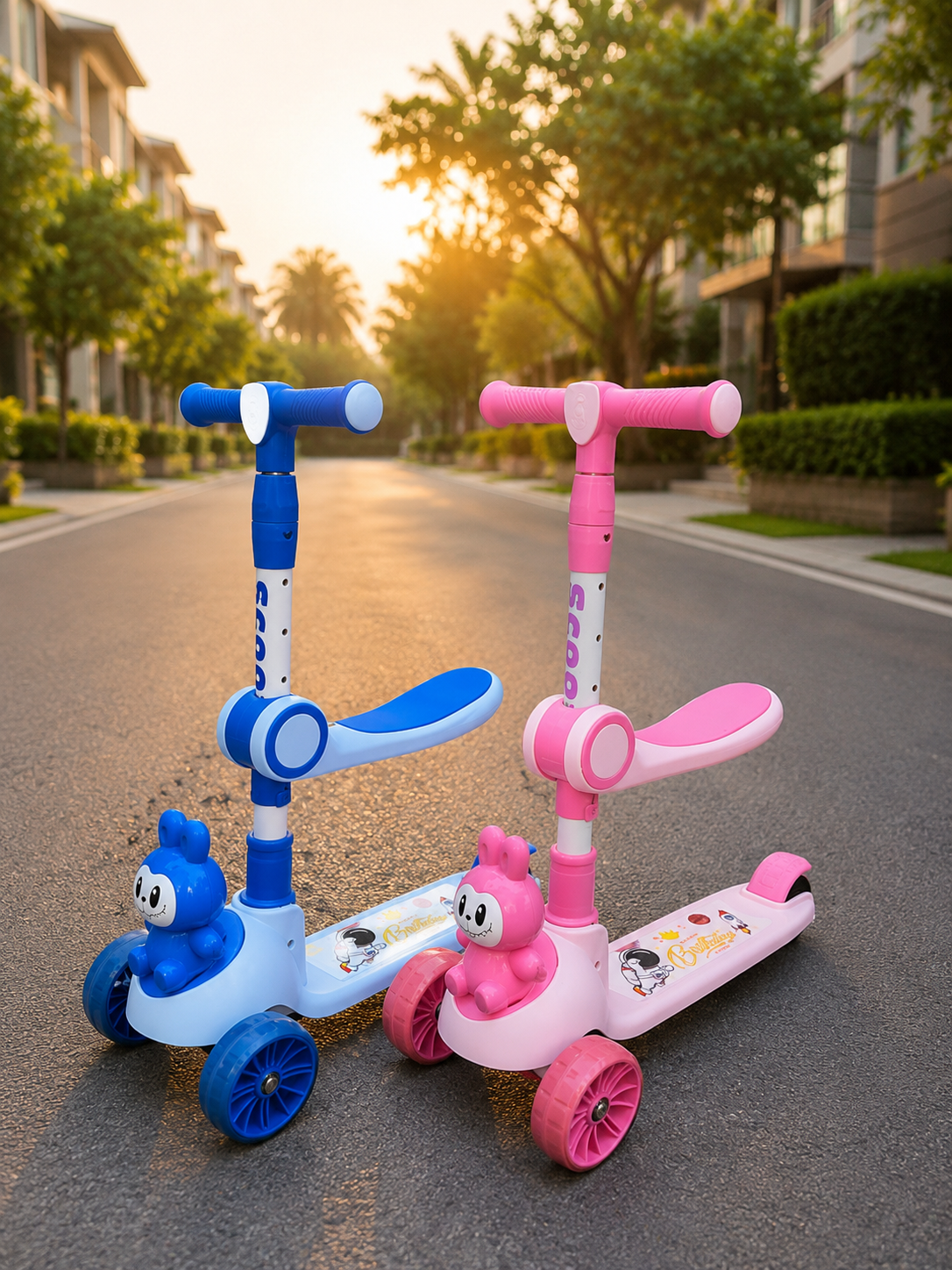 Rabbit Kids LED Light 3-Wheel Kick Scooter | Adjustable Height Lean-to-Steer Scooter