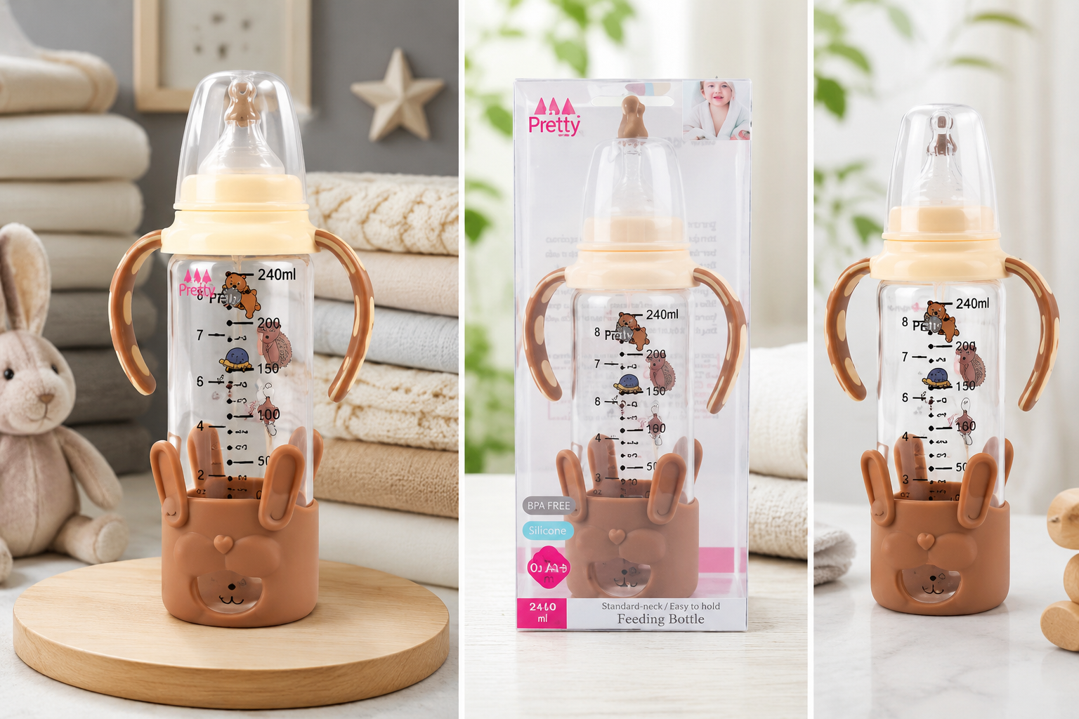 240ml Baby Feeding Bottle with Soft Silicone Nipple & Easy Grip Handles | BPA Free Infant Milk Bottle | Pretty Baby Feeding Bottle