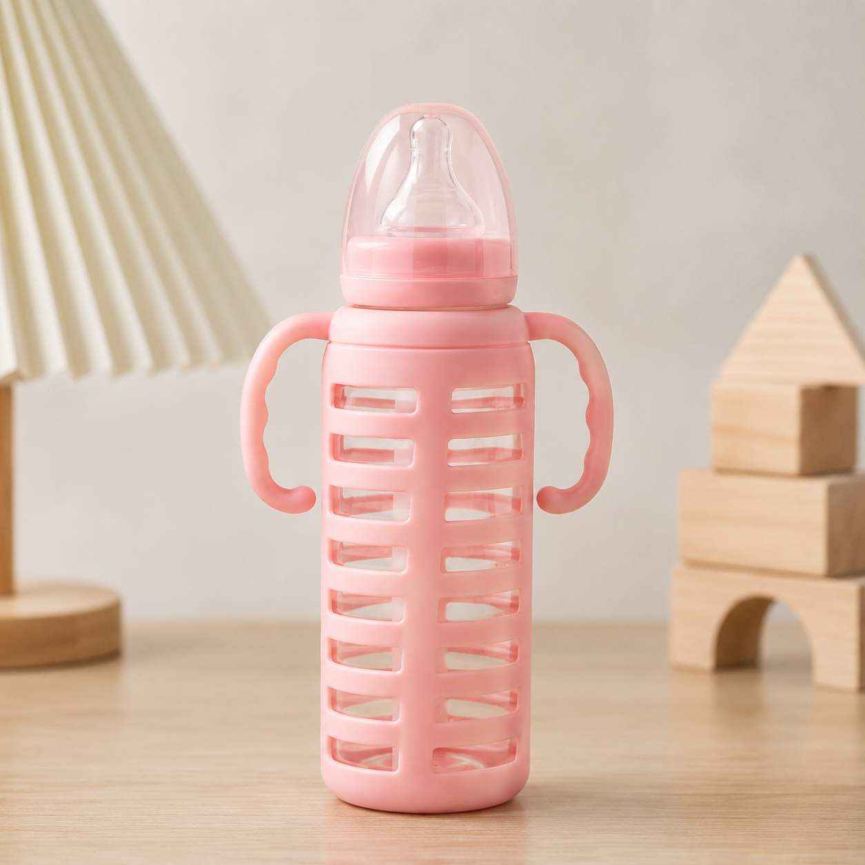 Baby Glass Feeding Bottle with Silicone Protective Sleeve & Dual Handles | BPA Free Infant Milk Bottle | Leakproof Baby Bottle