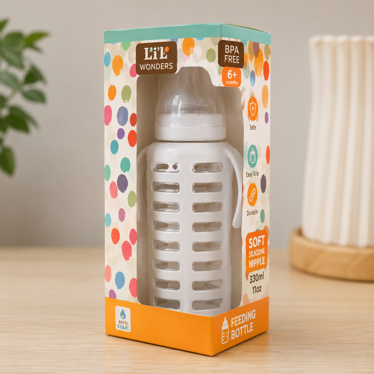 Baby Glass Feeding Bottle with Silicone Protective Sleeve & Dual Handles | BPA Free Infant Milk Bottle | Leakproof Baby Bottle