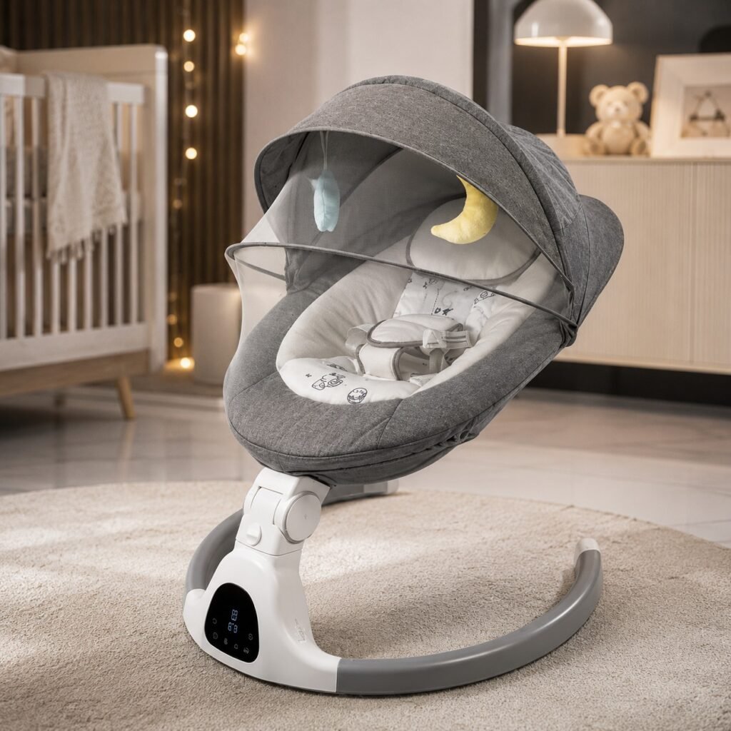 Premium Electric Baby Swing with Adjustable Recline, Protective Canopy, Mosquito Net and Soft Padded Seat – Grey thumbnail 3