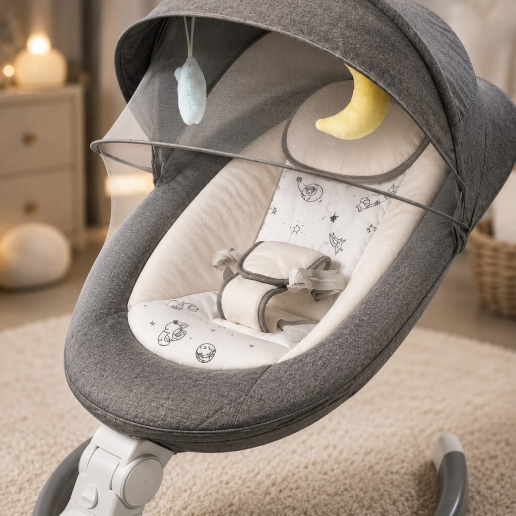 Premium Electric Baby Swing with Adjustable Recline, Protective Canopy, Mosquito Net and Soft Padded Seat – Grey thumbnail 2