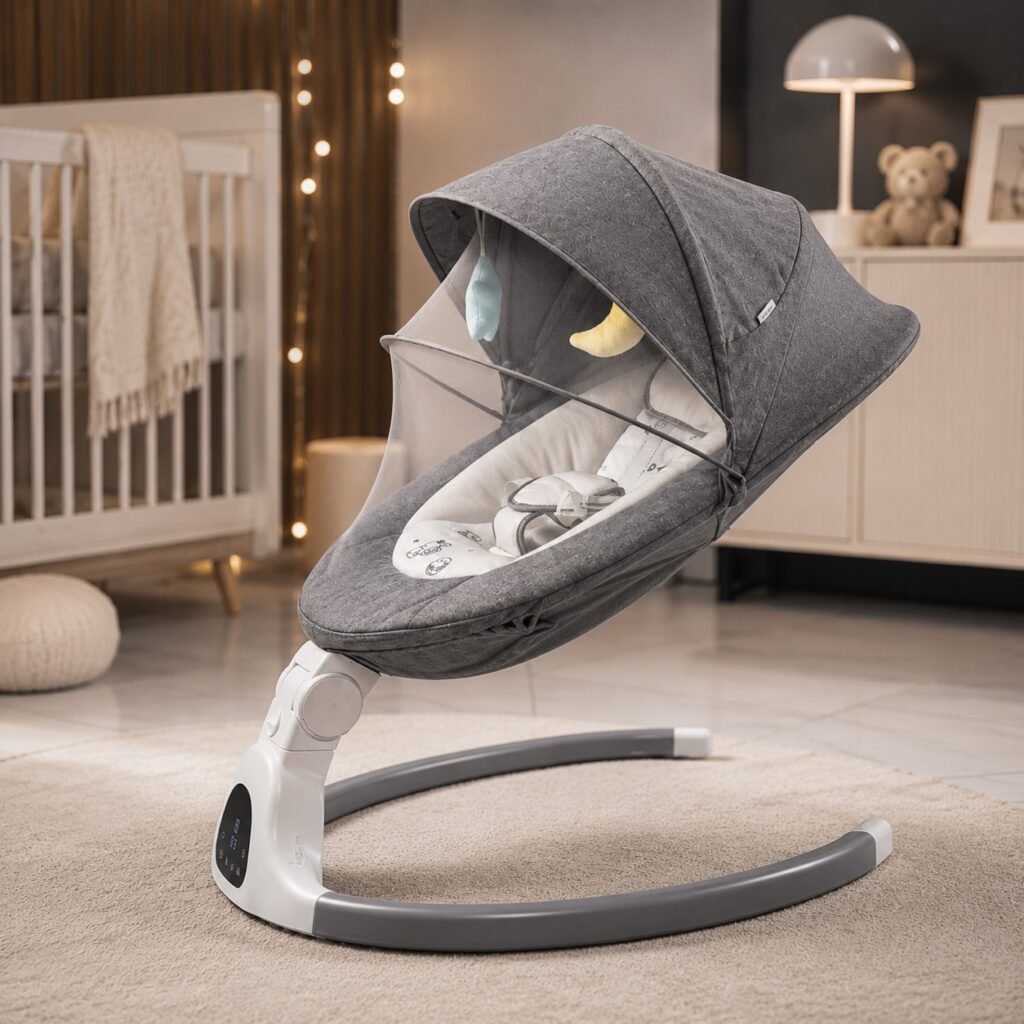 Premium Electric Baby Swing with Adjustable Recline, Protective Canopy, Mosquito Net and Soft Padded Seat – Grey