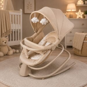 Premium Baby Rocker with Adjustable Canopy, Padded Safety Seat, Protective Front Bar and Hanging Toys – Beige