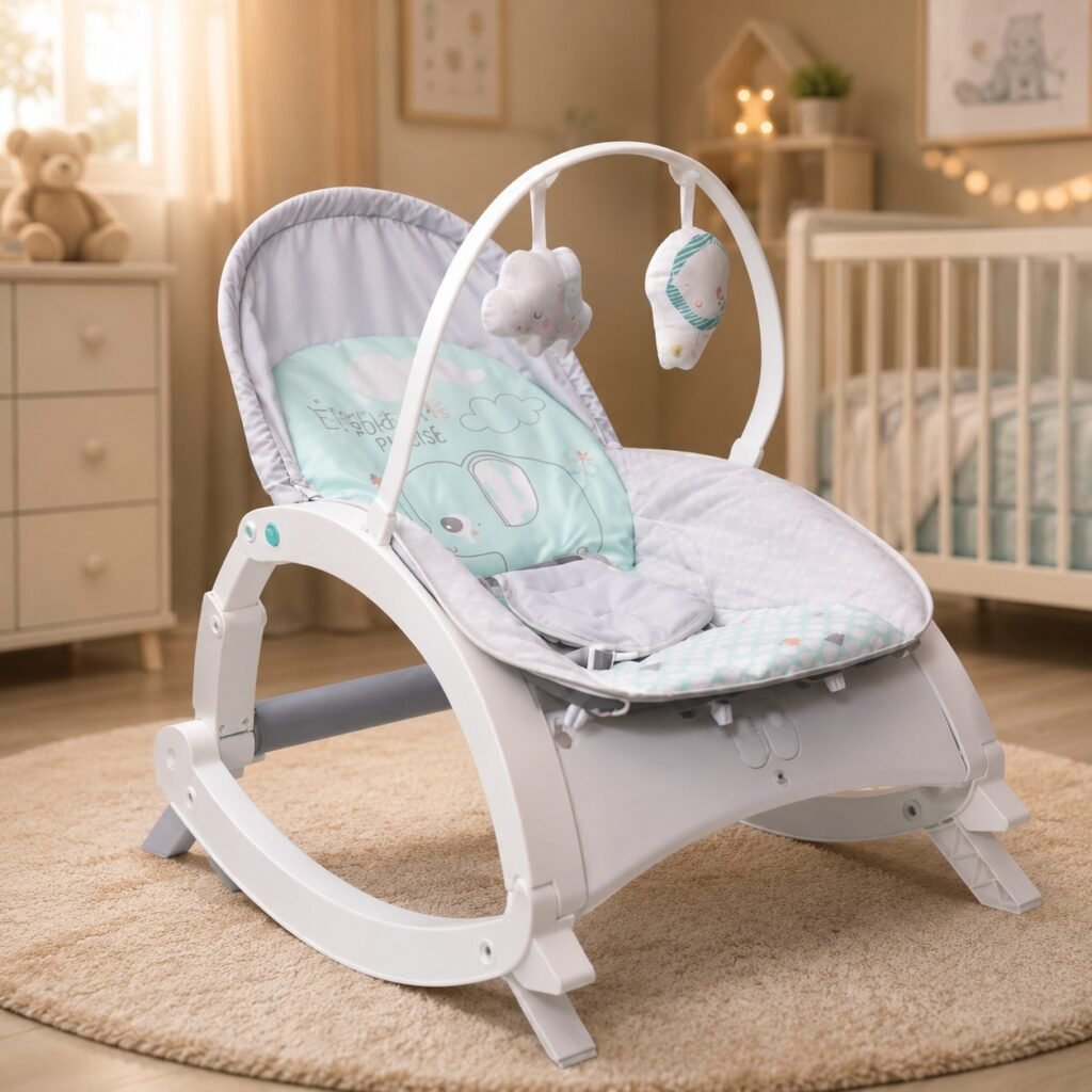 Baby Rocker Chair with Adjustable Recline, Safety Harness & Hanging Toys – Portable Infant Rocker