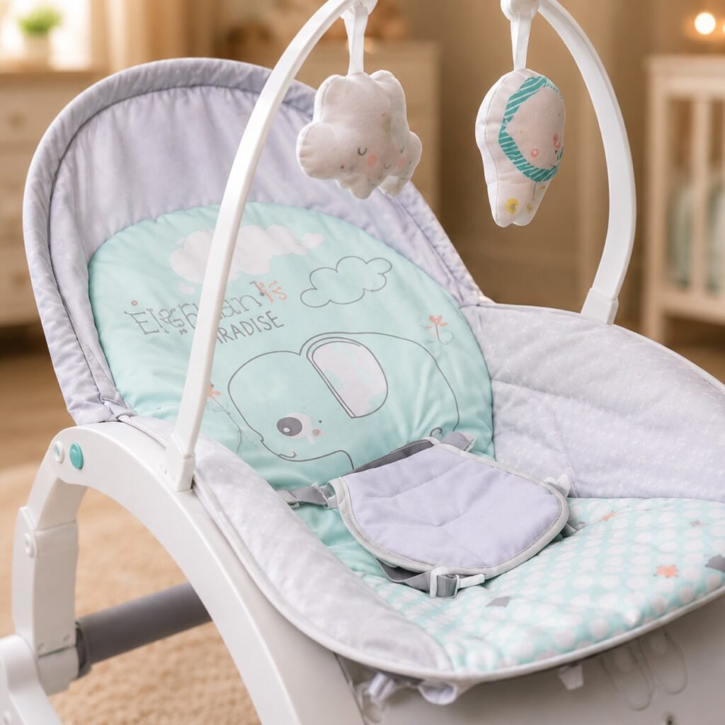 Baby Rocker Chair with Adjustable Recline, Safety Harness & Hanging Toys – Portable Infant Rocker thumbnail 2