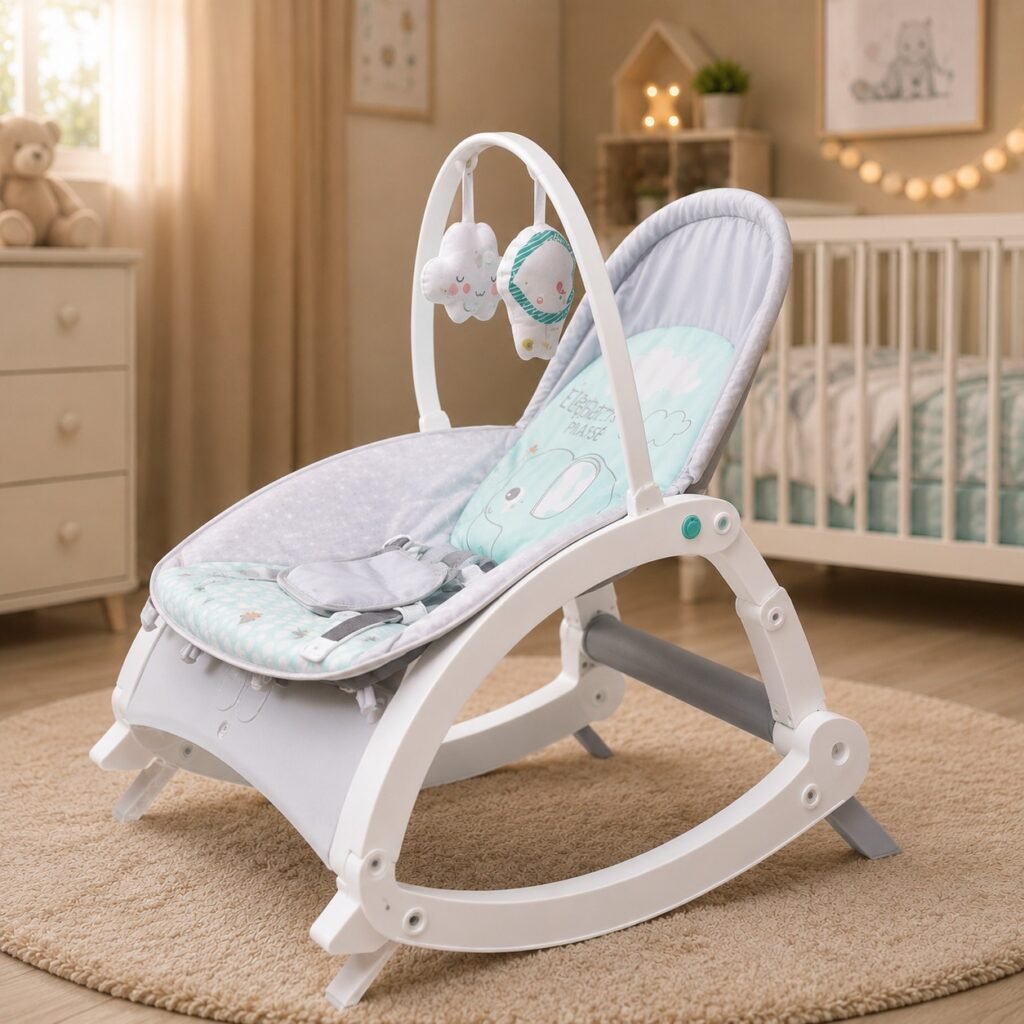 Baby Rocker Chair with Adjustable Recline, Safety Harness & Hanging Toys – Portable Infant Rocker thumbnail 3