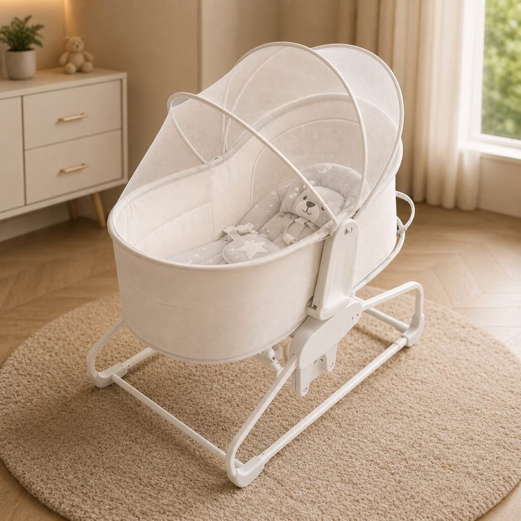 Mastela 4-in-1 Deluxe Multifunction Bassinet Electric Swing | Baby Cradle | Bedside Sleeper | Rocker with Mosquito Net & Bluetooth Music