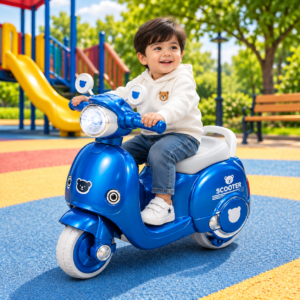 A fun and stylish ride-on scooter designed for little riders. Features a comfortable seat, easy-grip handlebars, realistic front headlight design, sturdy wheels, and a playful scooter-inspired look for indoor and outdoor fun.