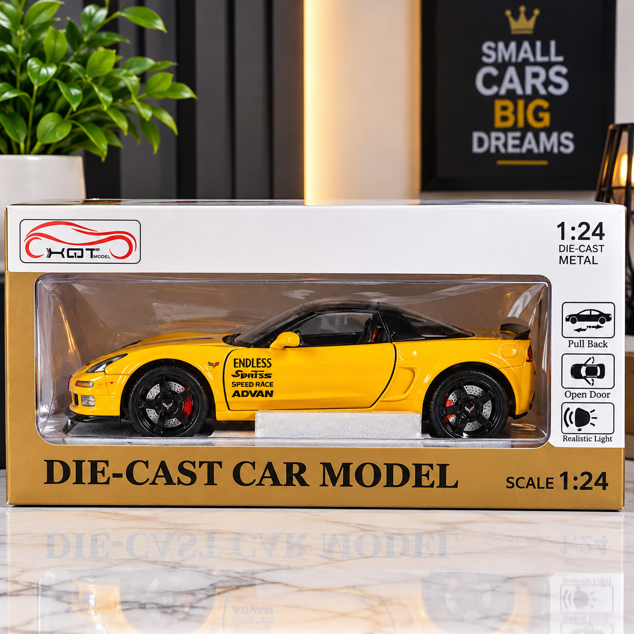 1:24 Scale Yellow Die-Cast Sports Car Model – Pull Back Toy Car with Open Doors & Realistic Lights (GBW-2201P)