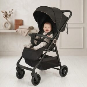 Kidilo C6 Multifunctional Baby Stroller – Foldable Pram with Reclining Seat, 5-Point Safety Harness, Adjustable Canopy, 360° Swivel Wheels & Storage Basket - Black