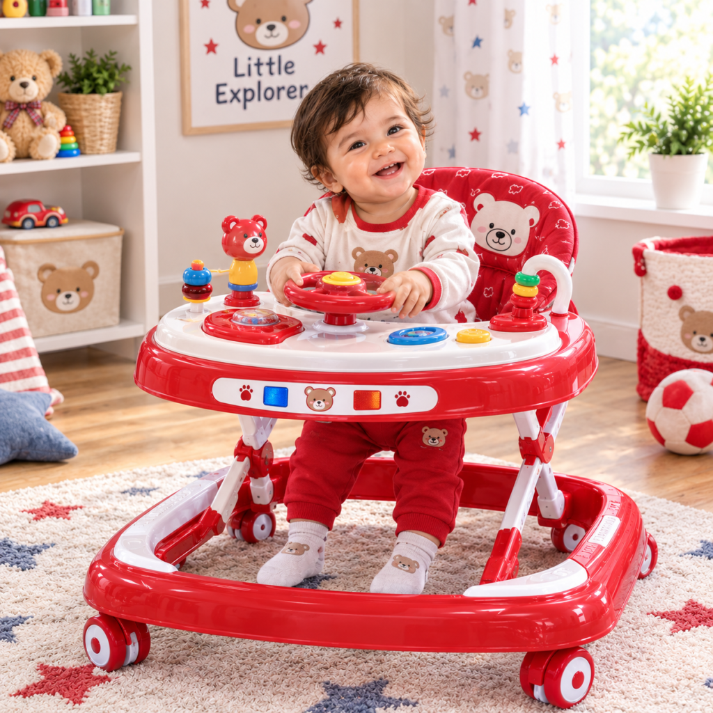 Baby Musical Walker with Interactive Steering Wheel, Activity Toys and Adjustable Height – Safe Learning Walker for Toddlers