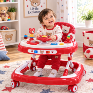 Baby Musical Walker with Interactive Steering Wheel, Activity Toys and Adjustable Height – Safe Learning Walker for Toddlers