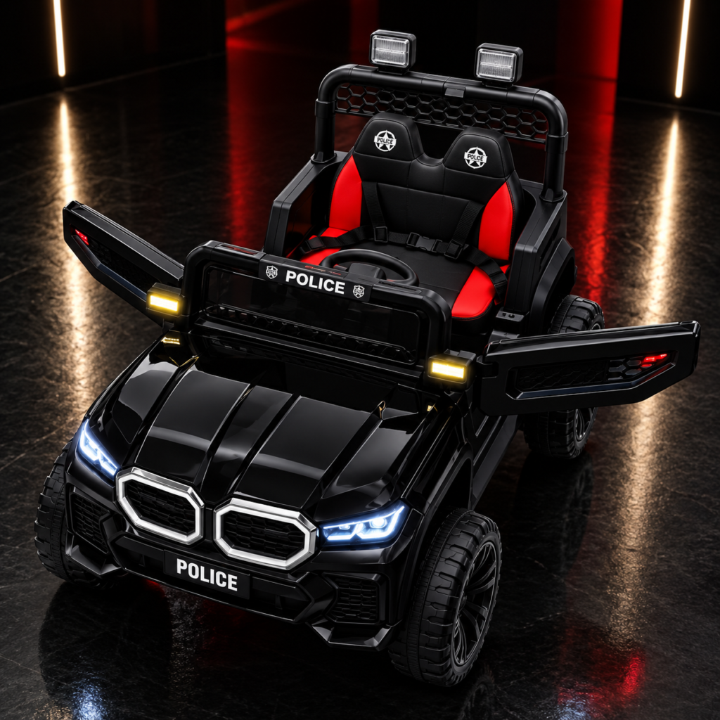 Kids Electric Police Ride-On Jeep with LED Lights, Dual Seats, Safety Belts and Rugged Wheels – Battery Powered Police Car thumbnail 2