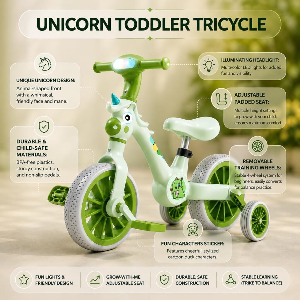 3-in-1 Unicorn Toddler Tricycle with LED Headlight pistachio green thumbnail 3