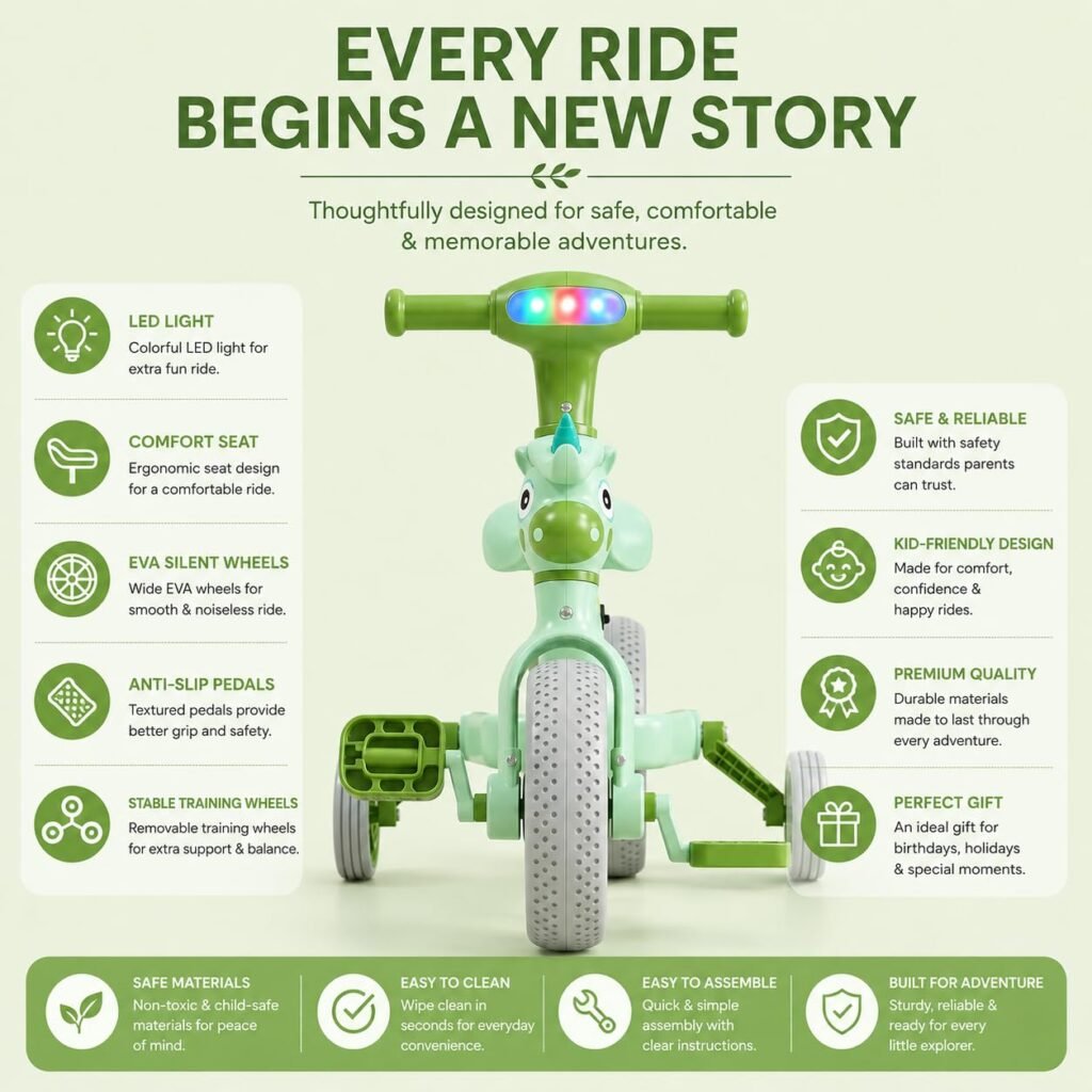 3-in-1 Unicorn Toddler Tricycle with LED Headlight pistachio green thumbnail 4