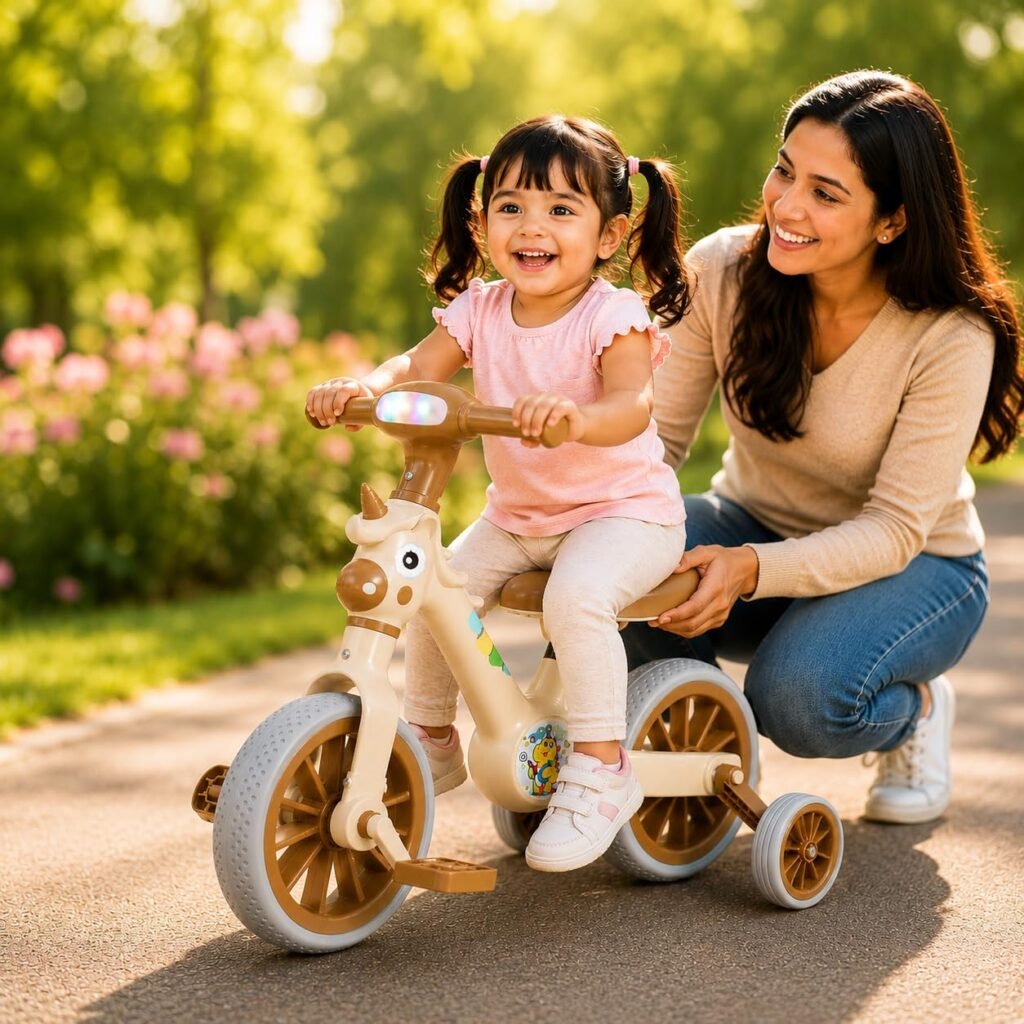 3-in-1 Unicorn Toddler Tricycle with LED Headlight beige