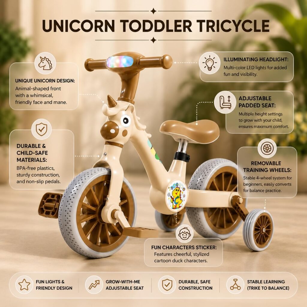 3-in-1 Unicorn Toddler Tricycle with LED Headlight beige thumbnail 2