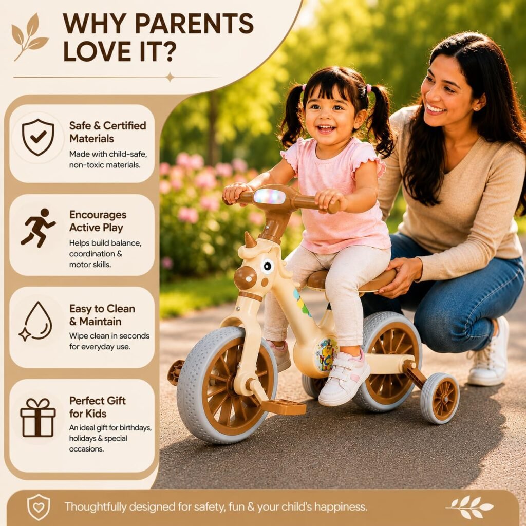 3-in-1 Unicorn Toddler Tricycle with LED Headlight beige thumbnail 5