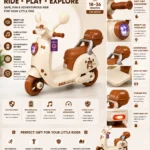Kids Electric Scooter – Cream and Brown Battery Powered Ride-On Scooter with Bear Design