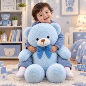 Blue Teddy Bear Plush Toy with Bow – Soft and Cuddly Stuffed Animal