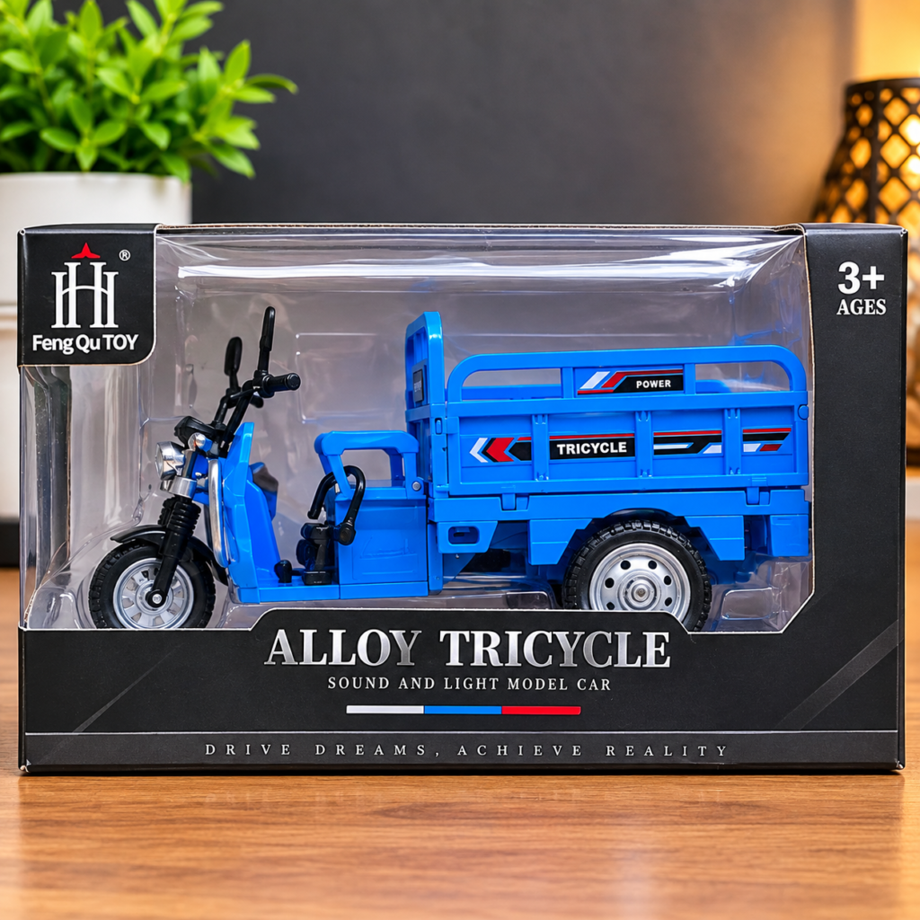 Alloy Tricycle Toy for Kids | 3-Wheel Cargo Bike Model with Sound & Light | Realistic Mini Tricycle   (GBW-731-59K)